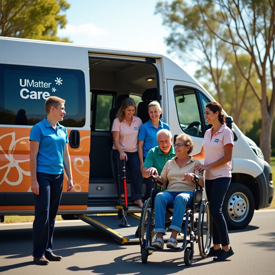 Group of NDIS participants boarding accessible van with U Matter Care team
